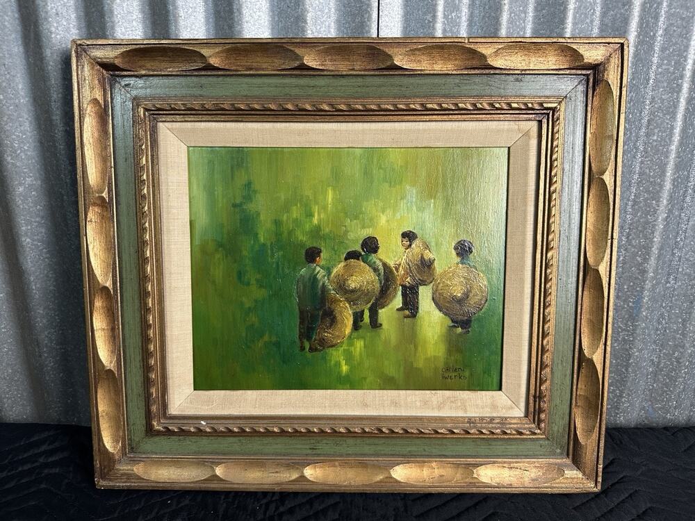Disney Carlene Iwerks Asian village Group Oil Painting Framed